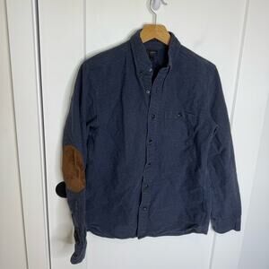 J. Crew Navy Blue Cotton Button Down Flannel Leather Elbow Patches Medium Slim